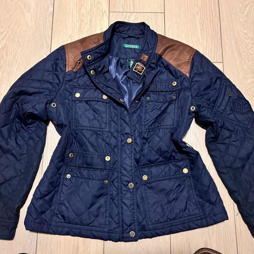 Ralph Lauren Navy Quilted Jacket with Brown Suede details